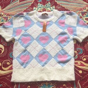Belldini Cream Crewneck Sweater with Blue Argyle & Pink Hearts